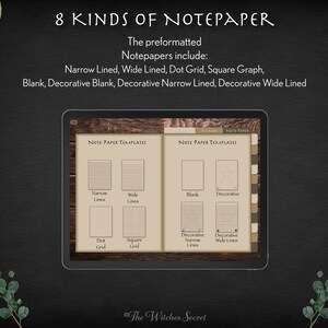 May include: A digital tablet screen displaying eight different note paper templates. The templates include narrow lines, wide lines, dot grid, square grid, blank, decorative blank, decorative narrow lines, and decorative wide lines. The text "Note Paper Templates" is displayed at the top of the screen.