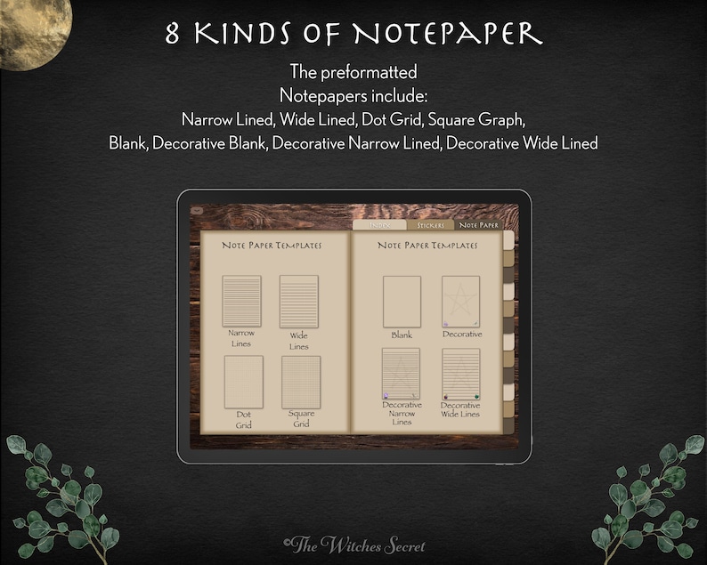 May include: A digital tablet screen displaying eight different note paper templates. The templates include narrow lines, wide lines, dot grid, square grid, blank, decorative blank, decorative narrow lines, and decorative wide lines. The text "Note Paper Templates" is displayed at the top of the screen.