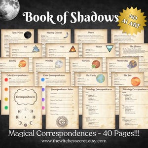 May include: A collection of 40-page "Book of Shadows" cards with magical correspondences. The cards feature illustrations of celestial bodies, astrological symbols, and elemental representations. Text includes "Book of Shadows", "Magical Correspondences", and a website address.