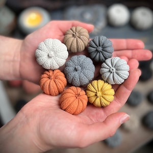 May include: A collection of eight small, hand-painted concrete pumpkins in various colors, including gray, white, orange, and yellow. The pumpkins are arranged in a person's hand, showcasing their unique details and textures.