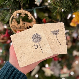 Square Hand Stamped Ink Travertine Coasters I Absorbent Coasters | Drink Coasters | Tile Coasters | Stone Coasters | Cork Bottom