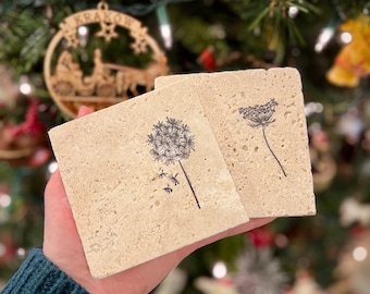 Square Hand Stamped Ink Travertine Coasters I Absorbent Coasters | Drink Coasters | Tile Coasters | Stone Coasters | Cork Bottom