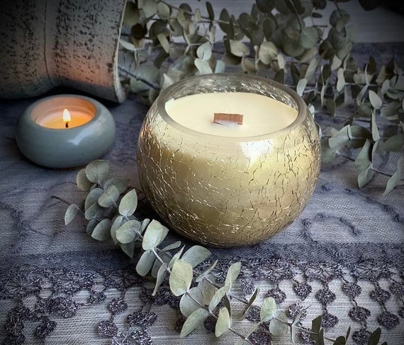 Crackle Glass Candle Beeswax and Soy Candle 10 Oz Crackling Wood