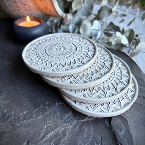 Set of 4 Natural Gray Textured Geometric Concrete Coasters | Cement Coasters | Decorative Coasters | Drink Coasters | Cork Bottom | Boho