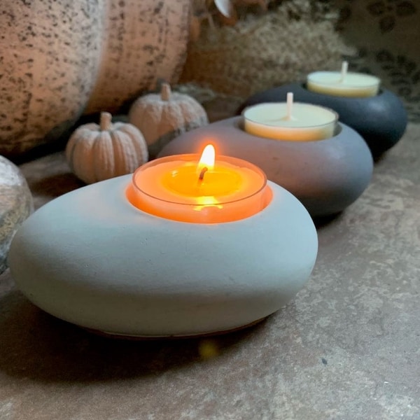 Concrete Pebble Tea Light Candle Holder | Cement Candle Holder | Stone Candle Holder | Unscented Tealights | Beeswax and Soy | Cork Bottom