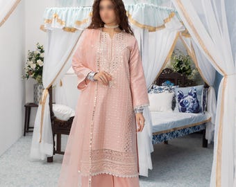 Creamy Embroidered Dress, Pakistani 3 Piece Suit, Long Sleeve