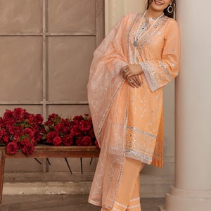 Pakistani Indian Style White Embroidered Cotton Net Formal Ensemble Shalwar Kameez main image 1