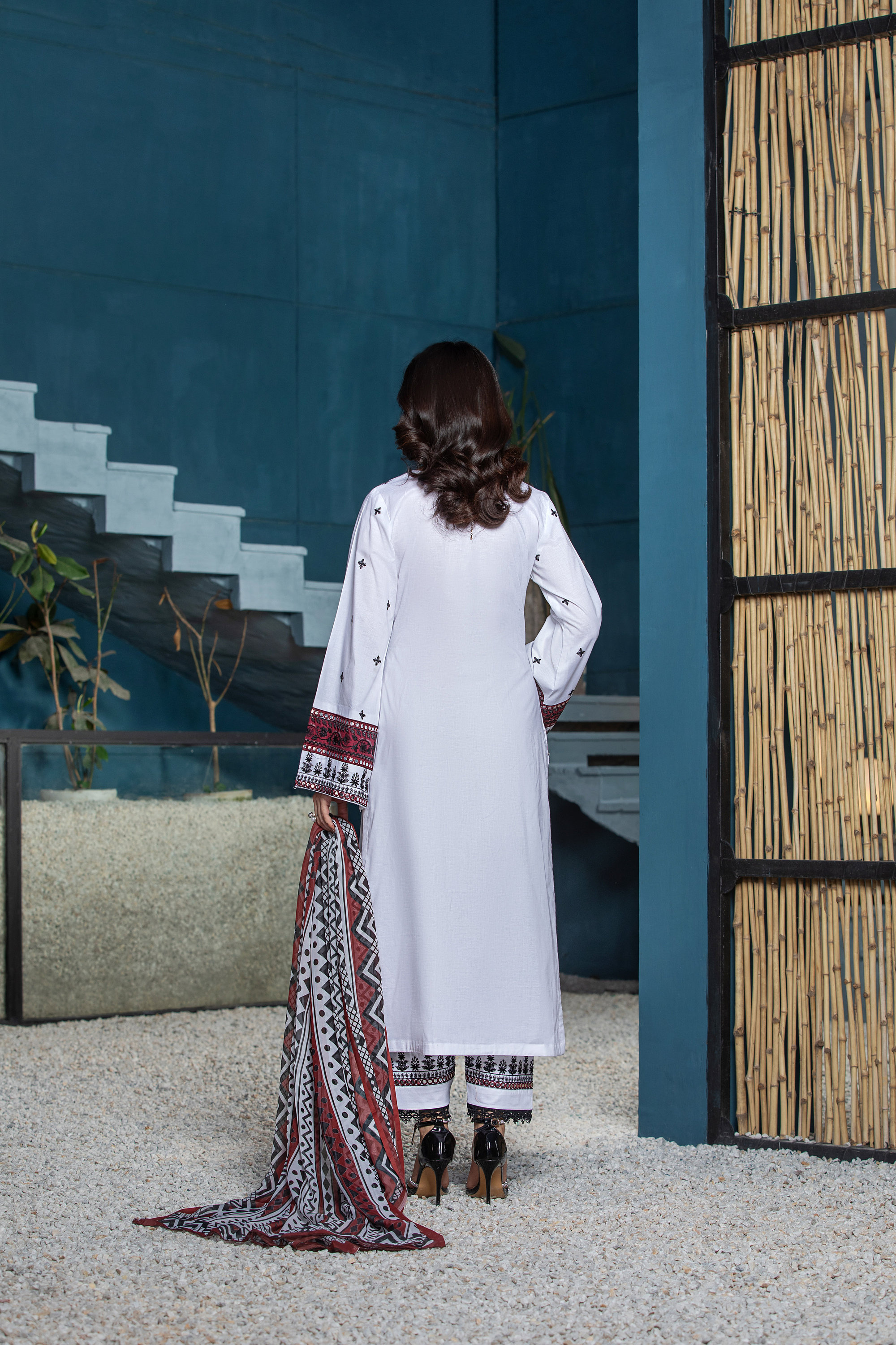 Embroidered White Floral Pakistani Dress, 3 Piece Cambric Cotton