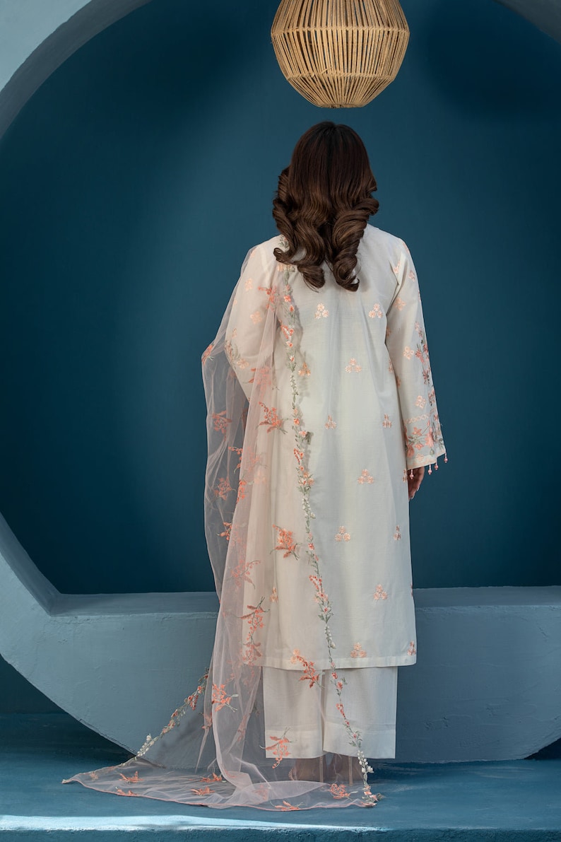 Flower Embroidery Dress, Soft Peach 3 Piece Suit, Long Sleeve Dress