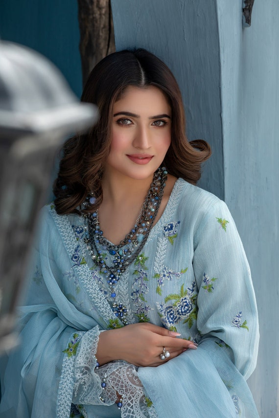 スーツ・フォーマル・ドレス Pakistani Embroidered Dress 3-Piece Embroidered Light Blue Cotton Suit, Pakistani 3 Piece Dress - Etsy