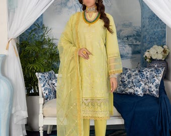 Lemon Yellow Embroidered Salwar Kameez, 3-Piece Pakistani Outfit