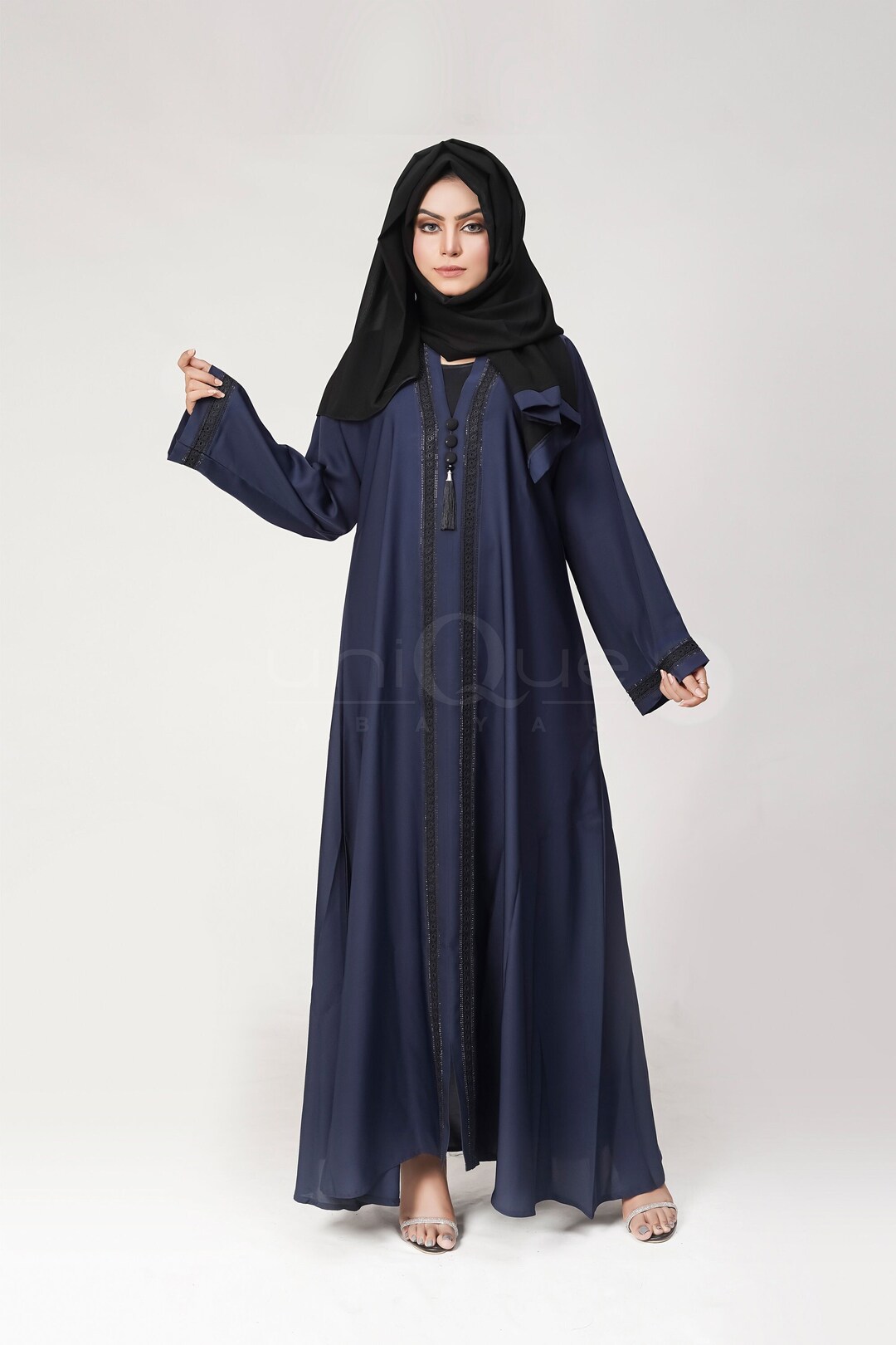 Abaya Emaan Modest Wear Lace Tassel Black, Blue, Plum Closed