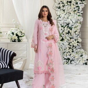Pink Embroidered Dress With Long Sleeves, Pakistani 3 Piece Suit