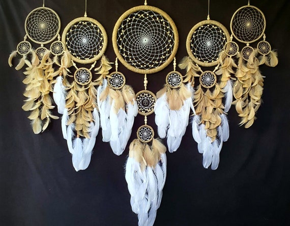 Extra Long 42" Dream Catcher | Handmade White 5-Ring Feather Hanging Ornament | Wedding, Party, Christmas Decor