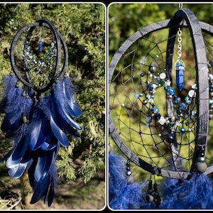 Native inspired blue dream catcher, bedroom dreamcathcer authentic, Ojibwe design traumfanger
