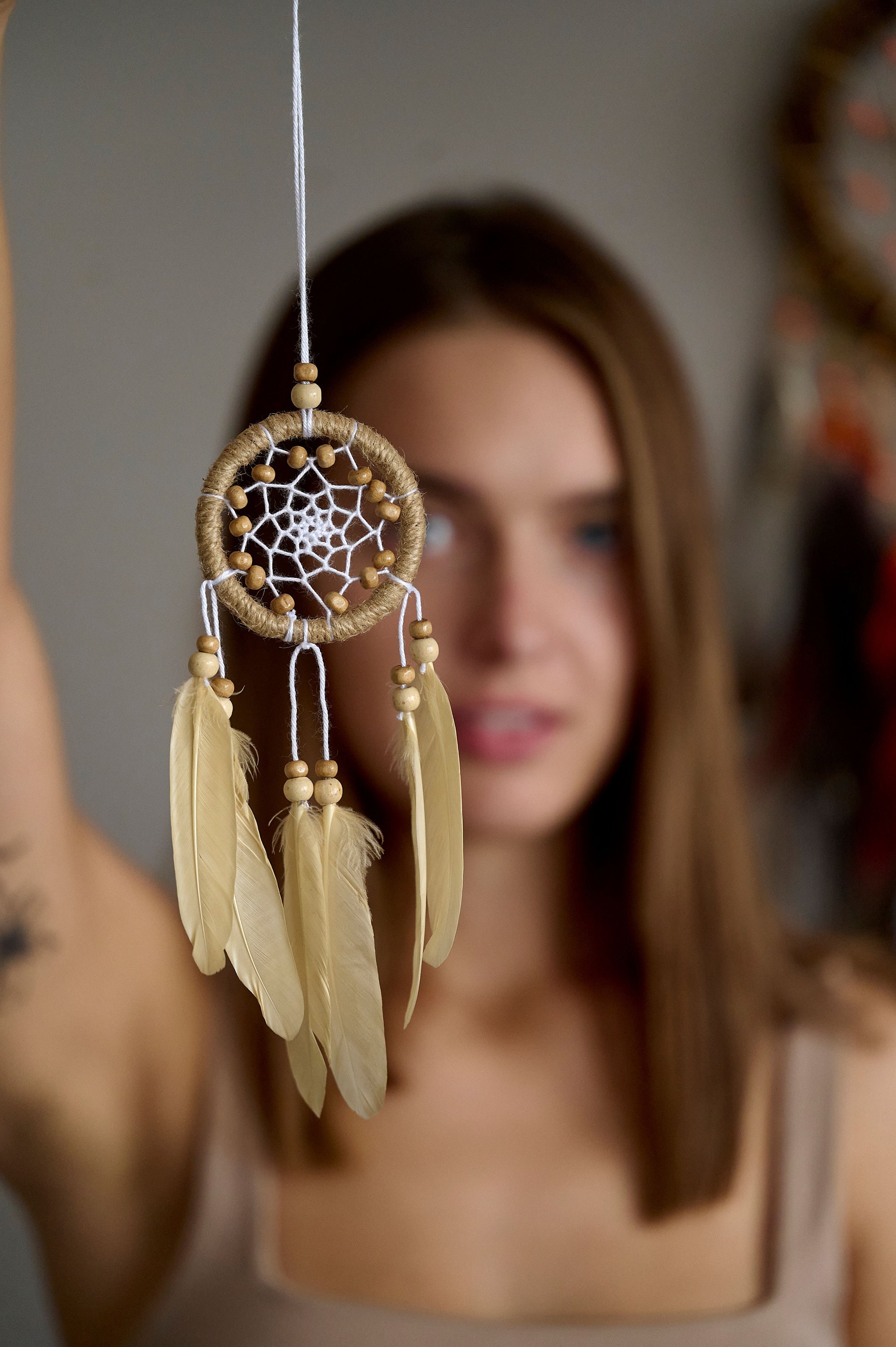 Small authentic dream catcher, beigie traditional boho car dreamcatcher, white cute nursery decor, traumfanger, Mother's Day gift