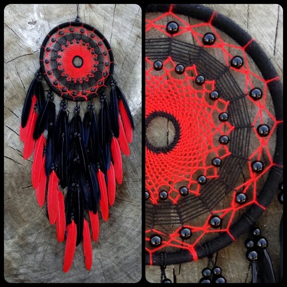 Authentic Dream Catcher With Black and Red Feathers, Native