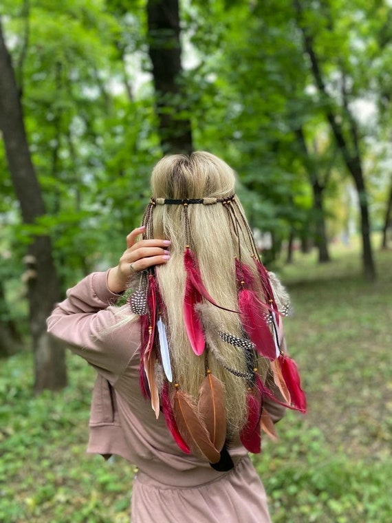 Red Feather Headband Boho Headdress 
