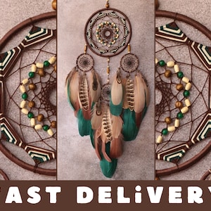May include: A brown dreamcatcher with green and white accents, featuring multiple layers and feathers. The dreamcatcher is decorated with beads and has a "FAST DELIVERY" text at the bottom.