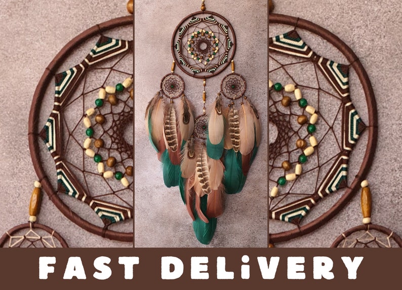 May include: A brown dreamcatcher with green and white accents, featuring multiple layers and feathers. The dreamcatcher is decorated with beads and has a "FAST DELIVERY" text at the bottom.