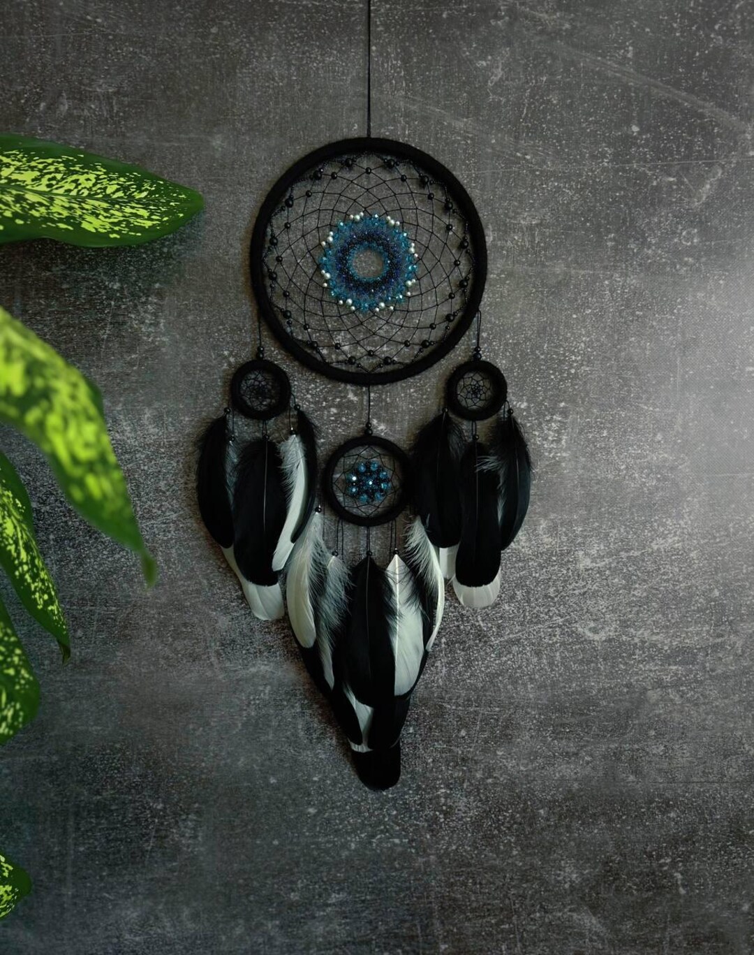 Authentic Black Dream Catcher, Large Dreamcatcher With Natural Feathers ...