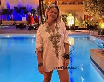 White Tunic with Golden Embroidery- , birthday gifts, resort shirt, beach cover ups, resortwear, beach shirt, dress,,vacations