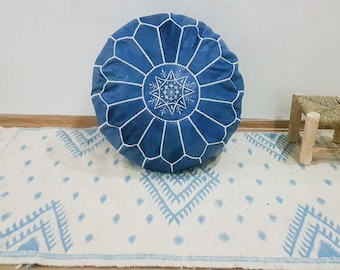 Blue Jean Round leather pouf / best quality Moroccan Leather Pouf /Footstool living room ,Fast Shipping