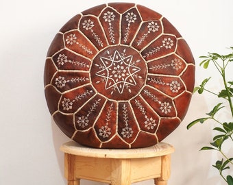 Moroccan leather pouf,50% OFF, Dark tan pouf, with white stitching leather Pouf Ottoman pouf Morrocan Leather Pouf Moroccan Pouffe