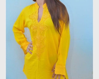 Tunic Clothing Yellow Moroccan Bedouin shirt, tunic, resort wear wear, beach wear, handmade tunic, , eid, , Eid,, dress