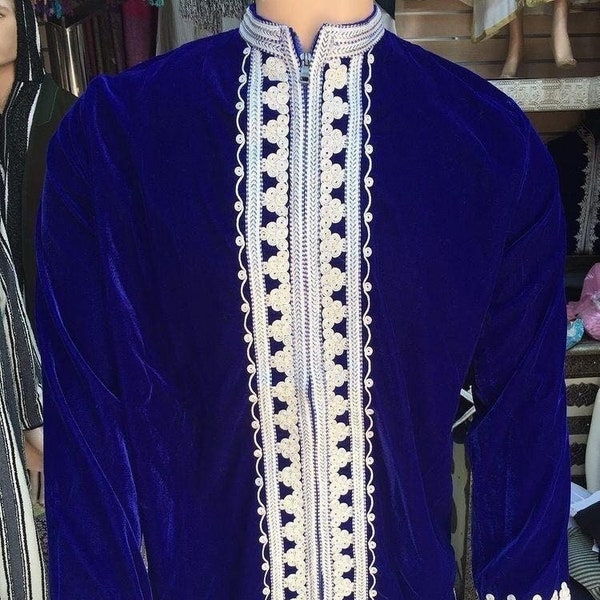 Marocain Hommes Tunique Caftan Respirant Fibre Coton Broderie Ethnique Bleu Blanc