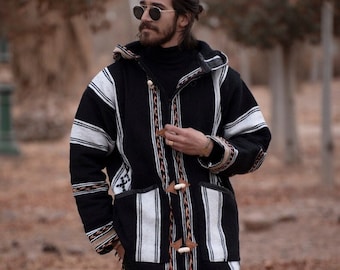 Manteau rayé marocain Cardigan, Manteau pull, Manteau à capuche en polaire, Vêtements Wooltrendy faits à la main, Femmes et Hommes, Saint Valentin