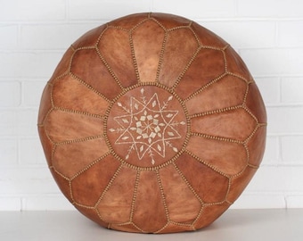 Moroccan POUF **50% OFF** with White Stitching Leather Pouf Ottoman Pouf Morrocan Leather Pouf Morocco Pouffe