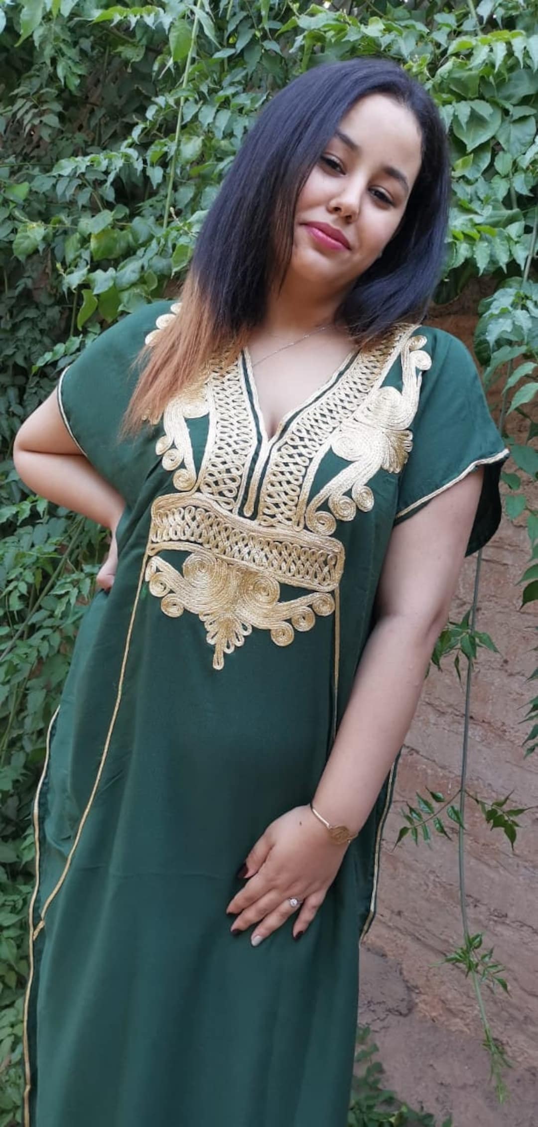Spring Kaftan Dress Moroccan Green Gold Beach Caftan-beach Cover