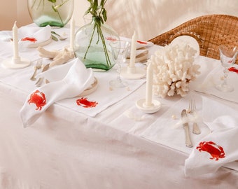 Red Crabs Embroidered White Linen Placemat | 15"x 20" Inch | Luxurious Summer 2024 Linen Placemats | Set of Linen Placemats