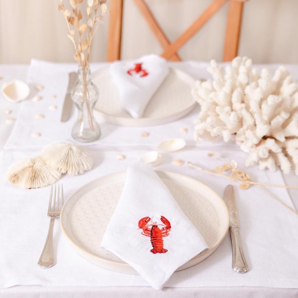 Red Lobster Embroidered White Linen Napkins | Marine Life Collection | Summer 2024 Linen Napkins