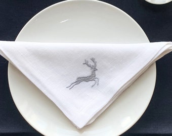 Grey Reindeer Embroidered Christmas Linen Napkins | Set of 2-4-6-8 | Handmade Stone Washed Soft Table Decor