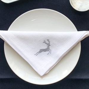 Grey Reindeer Embroidered Christmas Linen Napkins | Set of 2-4-6-8 | Handmade Stone Washed Soft Table Decor