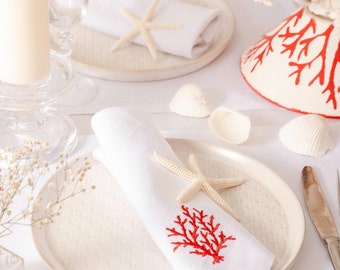 Red Coral Reef Embroidered White Linen Napkins | Summer 2024 Linen Napkins | Marine Life Collection