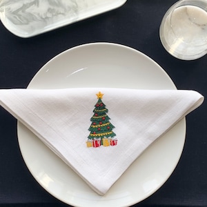 Christmas Linen Napkins Set | Christmas Tree Embroidery | Luxury Handmade Table Decor | Available in Sets of 2, 4, 6, or 8