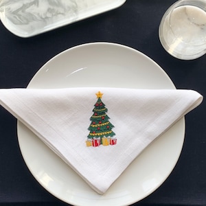 Christmas Linen Napkins Set | Christmas Tree Embroidery | Luxury Handmade Table Decor