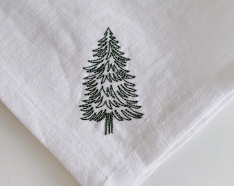 Christmas Pine Tree Embroidered Linen Napkins | Set of 4-6-8 | Christmas Decor | Handmade Linen Napkins