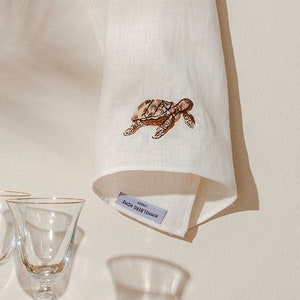 Set of 5, Sea Turtle Embroidered Linen Towels, Luxury Homewelcoming Gift