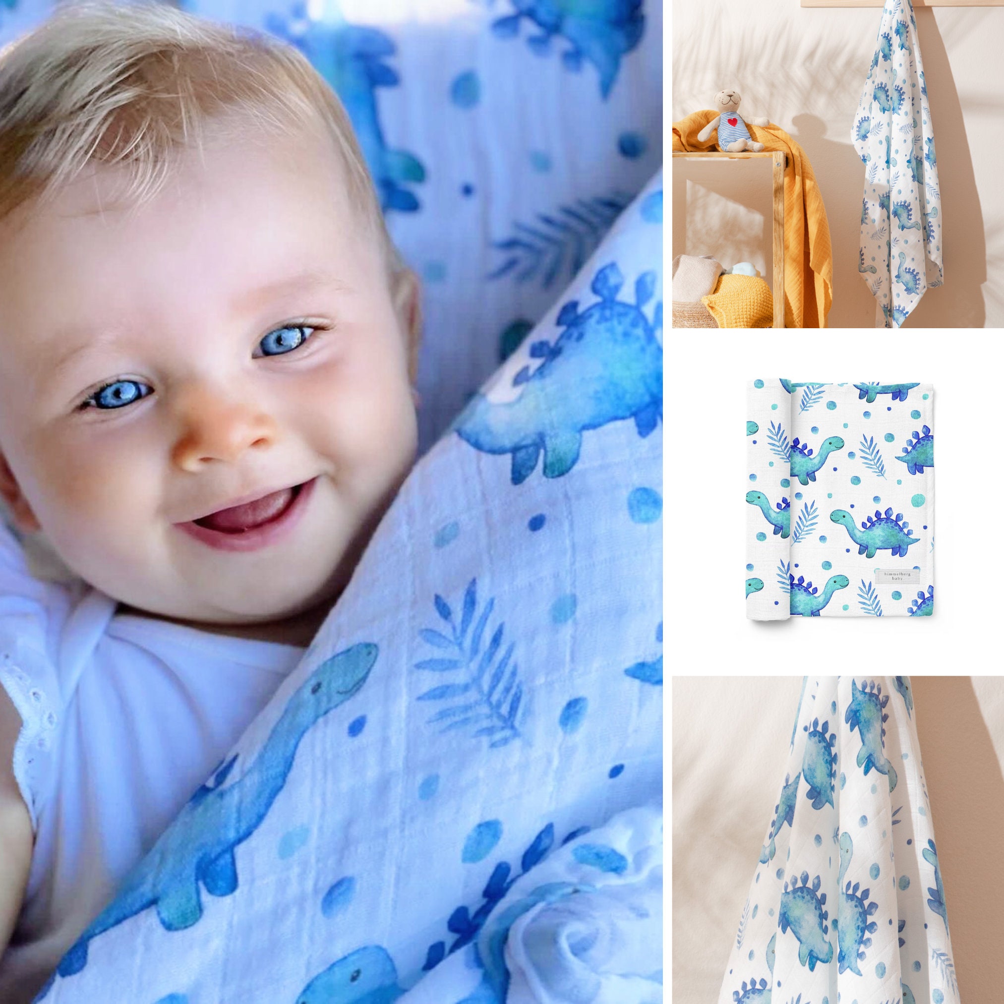 Muslin Baby Blanket Ultra Soft Organic Cotton Blue Dinosaur Print