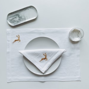 Gold Reindeer Embroidered Linen Christmas Placemats - Set of 2-4-6-8