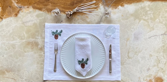 Pine Cone Embroidered Linen Christmas Placemat & Napkin Set