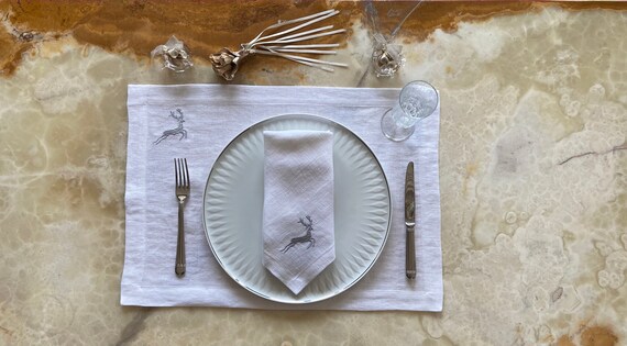 Silver Reindeer Embroidered Linen Christmas Placemats | Soft Table Decor