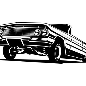 May include: Black and white illustration of a classic American car with a lowered suspension. The car has a long, sleek body and large, round headlights.