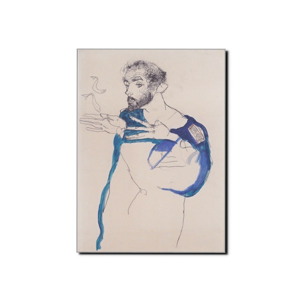 1913 EGON SCHIELE Gustav Klimt dans un manteau de peintre bleu Expressionniste Fine Art Abstrait Art Milieu du Siècle Danish Art Print Portrait Print