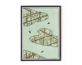 May include: A framed print of a Japanese-style illustration featuring three stylized clouds with a white floral pattern and brown latticework. The clouds are set against a light green background with three black birds flying.