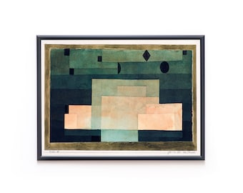 May include: Abstract watercolor painting in a black frame. The artwork features geometric shapes in shades of green, blue, and peach. Small black shapes, including squares, a diamond, and a circle, are scattered across the top. The painting is signed and dated.